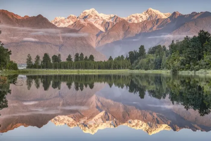 Framed Print : Snowy mountain peaks of Mount Cook and Mount Tasman reflected in Lake Matheson in Framed Print : Snowy mountain peaks of Mount Cook and Mount Tasman reflected in Lake Matheson in