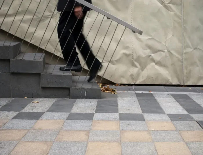 Framed Print : stairs. man on stairs