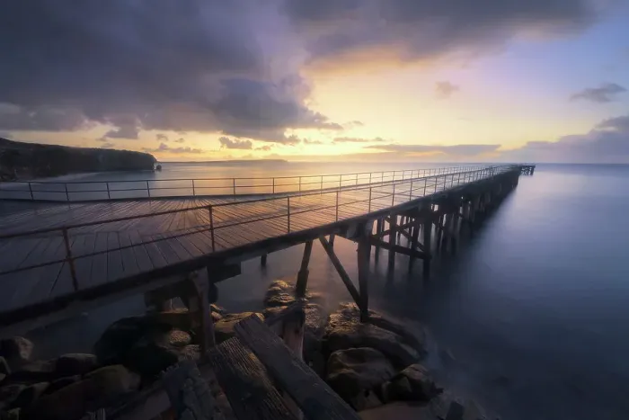 Framed Print : Stenhouse Bay jetty with sea, cliffs, pier and rocks at dawn on the Yorke Peninsula, South Australia Framed Print : Stenhouse Bay jetty with sea, cliffs, pier and rocks at dawn on the Yorke Peninsula, South Australia