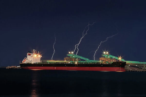 Stormy dramatic sky with lightning breaking over a ship at Port Lincoln. Eyre Peninsula. South Australia