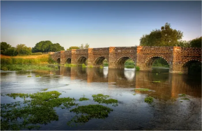Framed Print : The Stour river and historic bridge at Sturminster Marshall, Dorset, England, United Kingdom