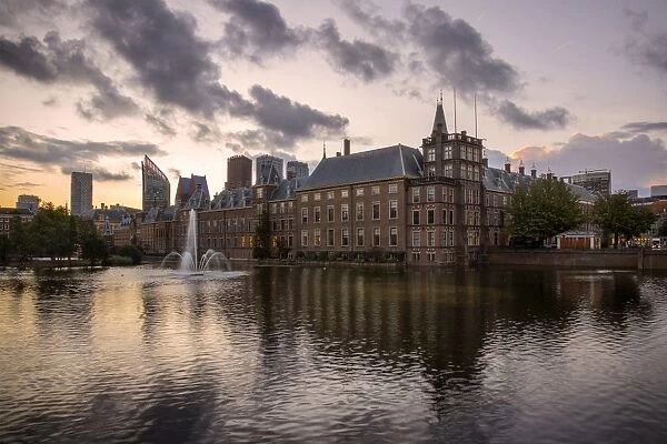 Sunrise with the Binnenhof (Inner Court) with the Hofvijver Lake, Hague, Netherlands