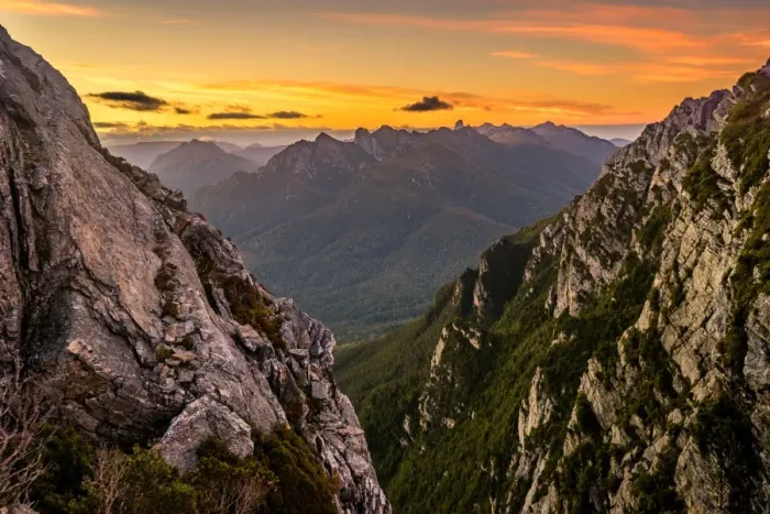 Framed Print : Sunrise over Eastern Arthurs in Western Arthurs Range, Southwest Tasmania