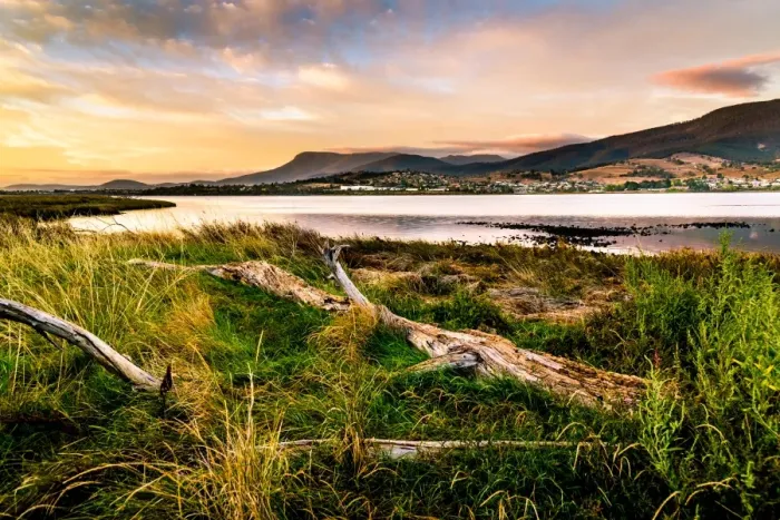 Framed Print : Sunrise over River Derwent. Huon valley, Hobart suburbs, Tasmania Framed Print : Sunrise over River Derwent. Huon valley, Hobart suburbs, Tasmania