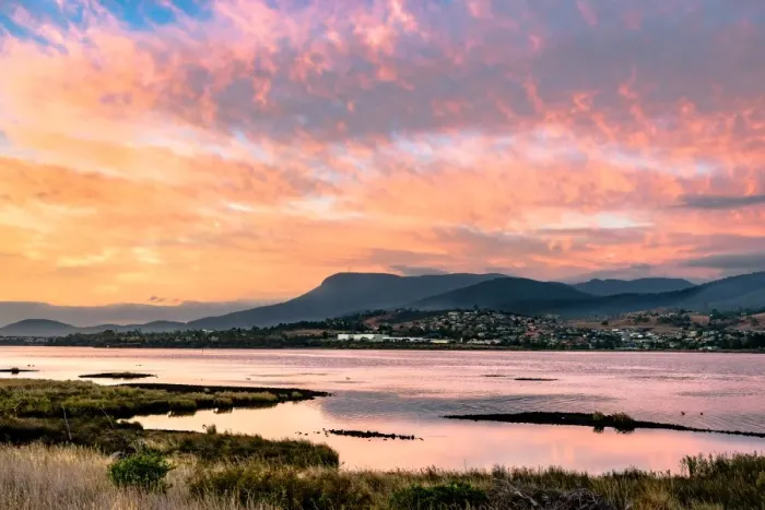 Framed Print : Sunrise over River Derwent. Huon valley, Hobart suburbs, Tasmania