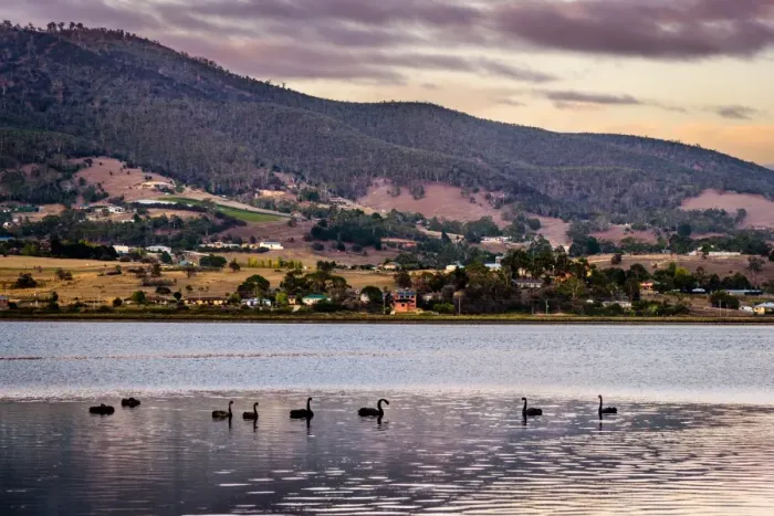 Framed Print : Sunrise over River Derwent. Huon valley, Hobart suburbs, Tasmania Framed Print : Sunrise over River Derwent. Huon valley, Hobart suburbs, Tasmania