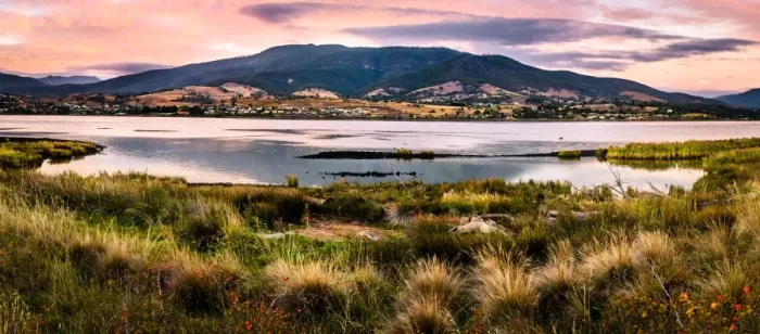 Framed Print : Sunrise over River Derwent. Huon valley, Hobart suburbs, Tasmania