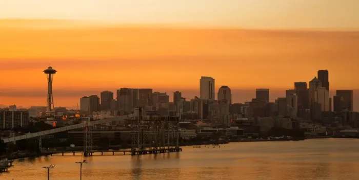 Framed Print : Sunrise with the Skyline of Seattle and Space Needle, Seattle, Washington, United States of America Framed Print : Sunrise with the Skyline of Seattle and Space Needle, Seattle, Washington, United States of America