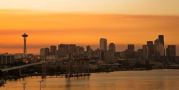 Sunrise with the Skyline of Seattle and Space Needle, Seattle, Washington, United States of America