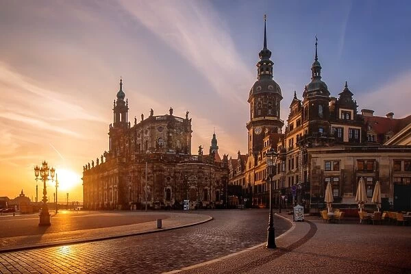 Sunrise View of Dresden Cathedral (Katholische Hofkirche) and Dresden Castle (Dresdner Schloss) at Theaterplatz, Dresden, Germany