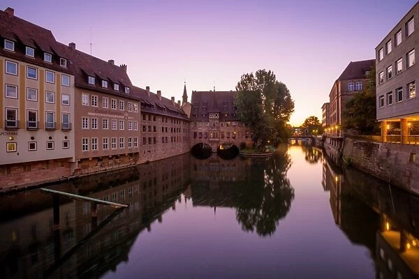 Sunrise View of Pegnitz River and the Hospice of the Holy Spirit (Heilig-Geist-Spital), Nuremberg, Middle Franconia, Bavaria, Germany