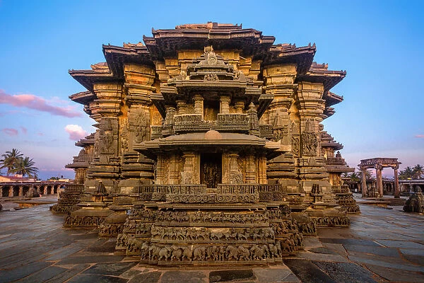 Sunset with the Chennakeshava (Keshava, Kesava or Vijayanarayana) Temple of Belur, Hassan, Karnataka, India