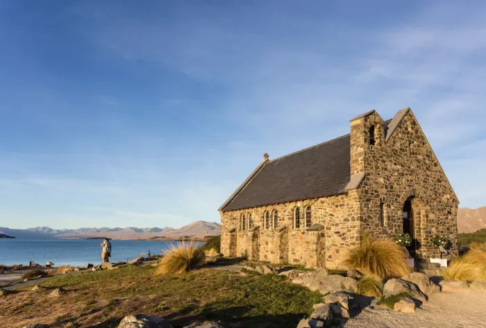 Framed Print : Sunset over the Church of the good Shepherd and Lake Takepo in New Zealand
