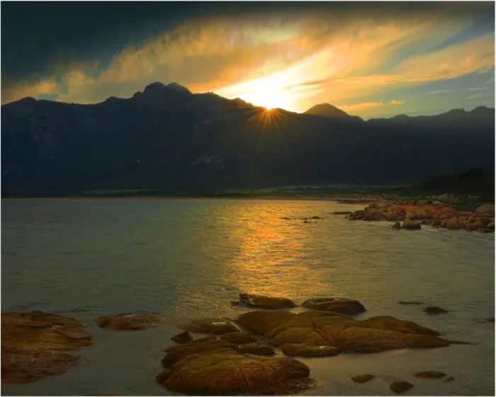 Framed Print : Sunset glow, Flinders Island, part of the Furneaux group, eastern Bass Strait, Tasmania Framed Print : Sunset glow, Flinders Island, part of the Furneaux group, eastern Bass Strait, Tasmania