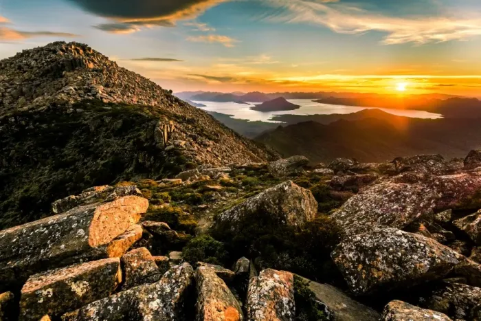 Framed Print : Sunset over Lake Pedder from the top of mt Anne in Southwest Tasmania