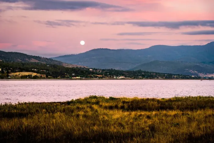 Framed Print : Sunset and moon rise over River Derwent. Huon valley, Hobart suburbs, Tasmania Framed Print : Sunset and moon rise over River Derwent. Huon valley, Hobart suburbs, Tasmania
