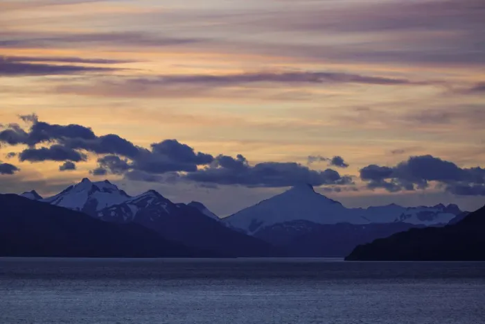 Framed Print : Sunset with Mountain Ranges Along Strait of Magellan, in South Americas Southern Tip Framed Print : Sunset with Mountain Ranges Along Strait of Magellan, in South Americas Southern Tip
