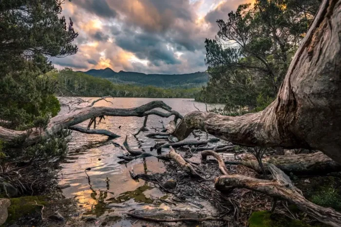 Framed Print : Sunset at Shadow Lake in Lake St Clair National Park, Tasmania