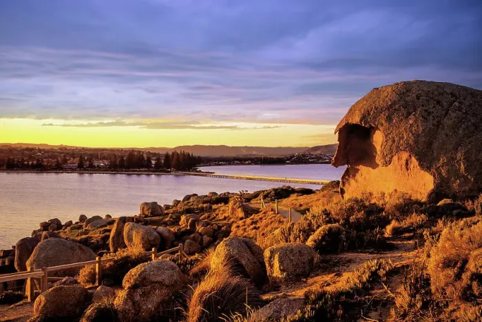 Framed Print : Sunset View of Granite Island and Causeway Bridge, Victor Harbor, Fleurieu Peninsula, South Australia Framed Print : Sunset View of Granite Island and Causeway Bridge, Victor Harbor, Fleurieu Peninsula, South Australia