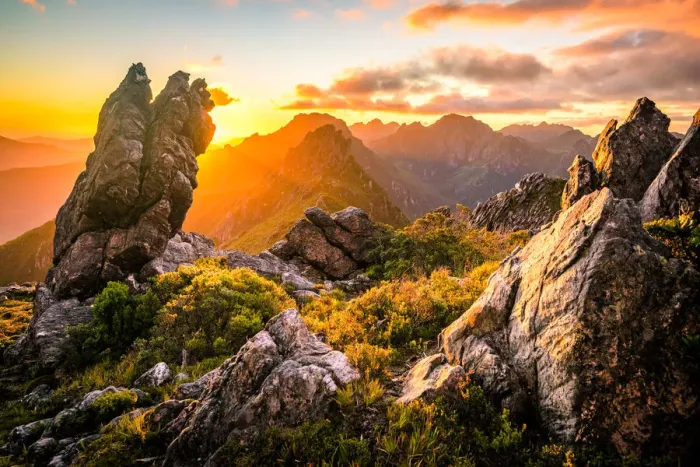 Framed Print : Sunset at West Portal and view towards Western Arthurs Range, Southwest Tasmania