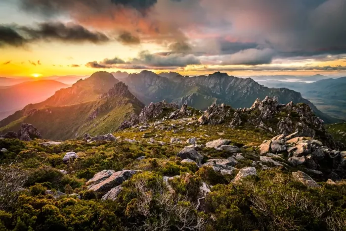 Framed Print : Sunset at West Portal and view towards Western Arthurs Range, Southwest Tasmania Framed Print : Sunset at West Portal and view towards Western Arthurs Range, Southwest Tasmania