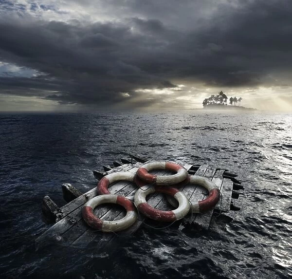 Survival. Life preservers adrift on a raft