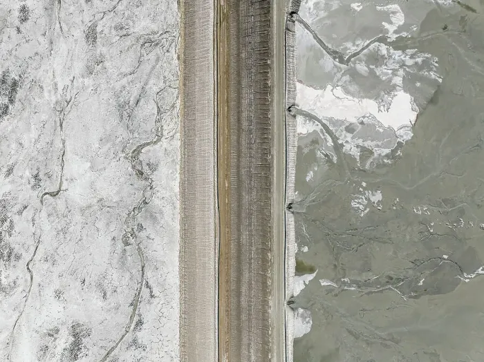 Framed Print : Tailing ponds in a mine separated by a levee photographed from a drone point of view, Western Australia, Australia Framed Print : Tailing ponds in a mine separated by a levee photographed from a drone point of view, Western Australia, Australia