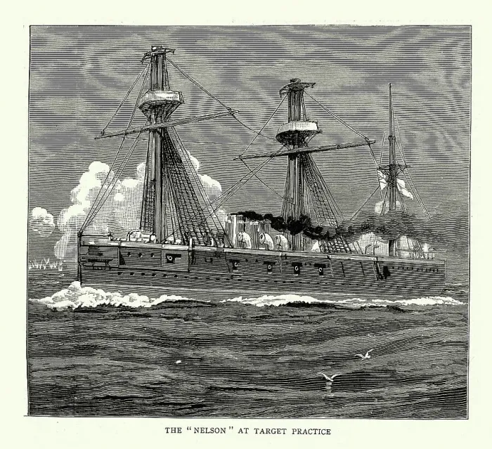 Framed Print : Target practice, HMS Nelson armoured cruiser built for the Royal Navy, Naval drill, Jervis Bay, New South Wales, 1880s Framed Print : Target practice, HMS Nelson armoured cruiser built for the Royal Navy, Naval drill, Jervis Bay, New South Wales, 1880s