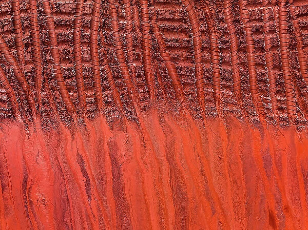 Tire tracks in the tailing pond of an aluminium mine photographed from a drone point of view, Queensland, Australia