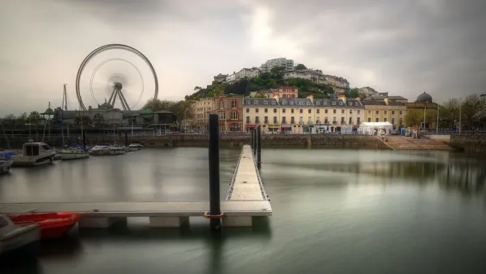 Framed Print : Torquay harbour pier and old town with city wheel
