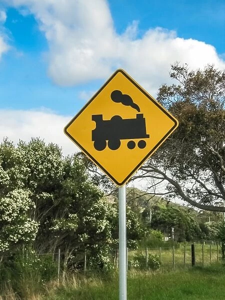 Train level crossing road sign in Tasmania