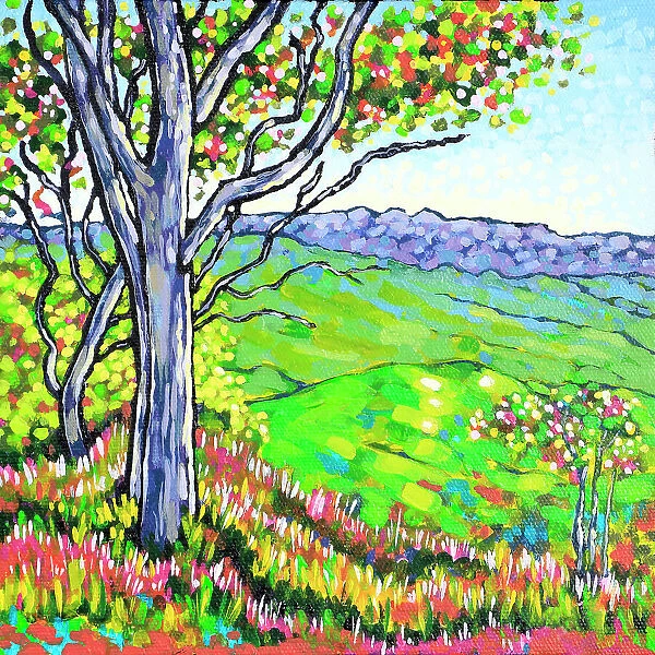 Tree on Country Hillside with Green Valley Acrylic Painting