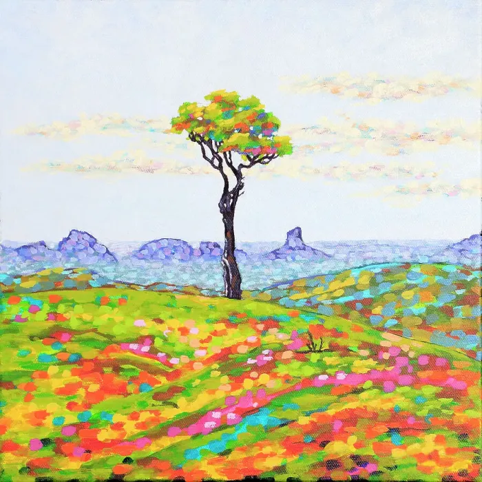 Framed Print : Tree on a Hilltop with View Acrylic Painting