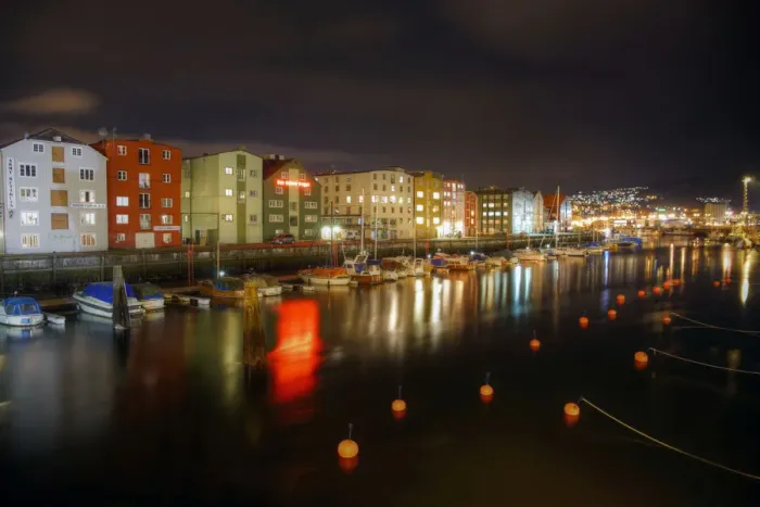Framed Print : Trondheim night canal and marina outside terminal Framed Print : Trondheim night canal and marina outside terminal