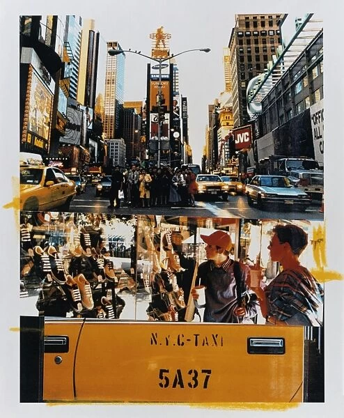 USA, New York City, Times Square, teenage boys and taxi (montage)