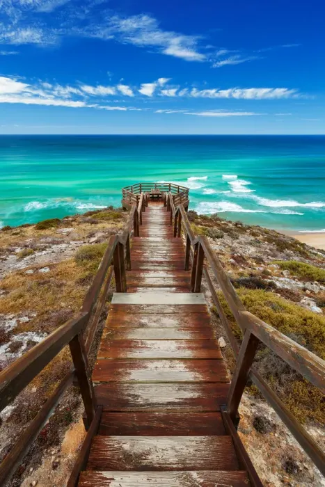 Framed Print : The view. Wooden steps lead to a beautiful view over the ocean