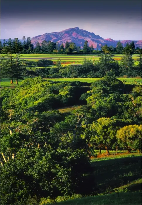 Framed Print : A view across the aircraft runway of Norfolk Island to the distant hills of Phillip Island