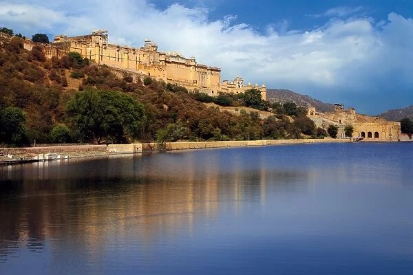 View of Amber Palace (Amber Fort) and Maota Lake, Jaipur, Rajasthan, India