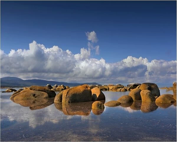 A view of the boulders and rocky coastline at Sawyers Bay on Flinders Island, Bass Strait, Tasmania, Australia