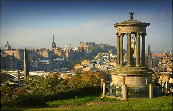 The view from Carlton hill taking in the city sights and the Castle, Edinburgh, Scotland