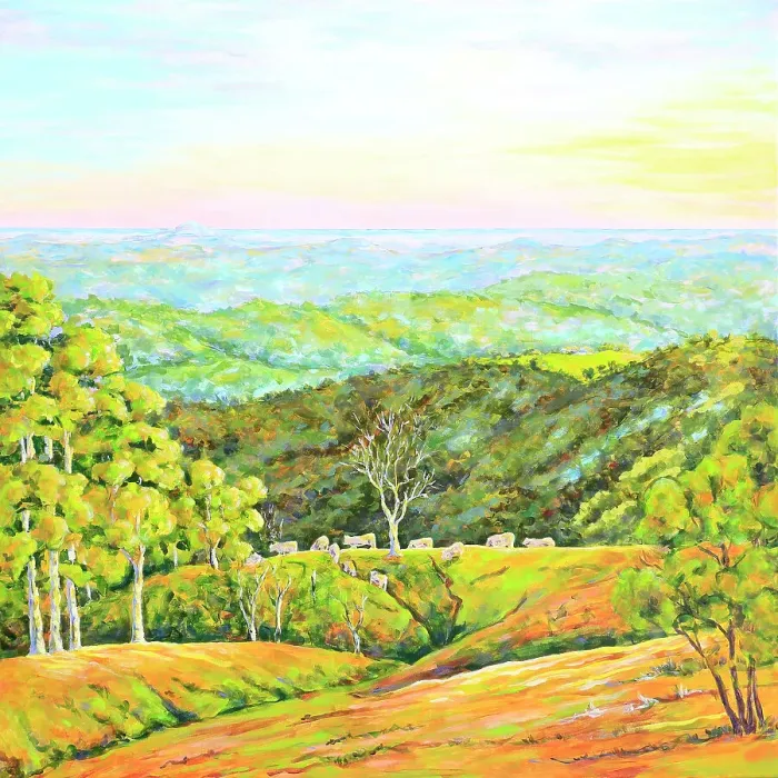 Framed Print : View of Cattle Grazing at Sunrise, Original Painting Framed Print : View of Cattle Grazing at Sunrise, Original Painting