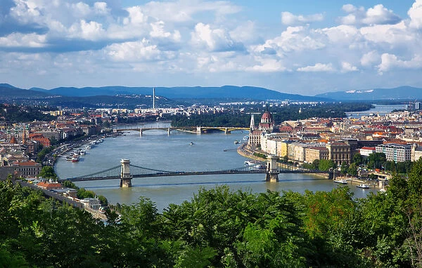 View of the Chain Bridge and Skyline of Budapest Along Danube River, Hungary