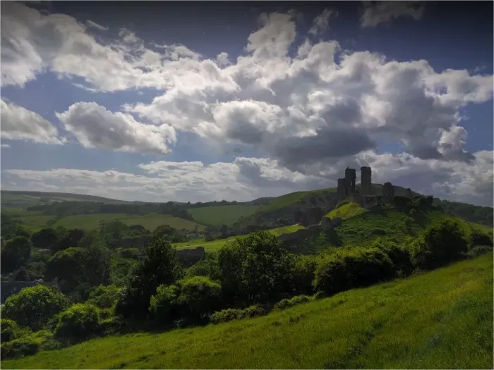 Framed Print : View at Corfe Castle, Dorset, Isle of Purbeck, England, United Kingdom