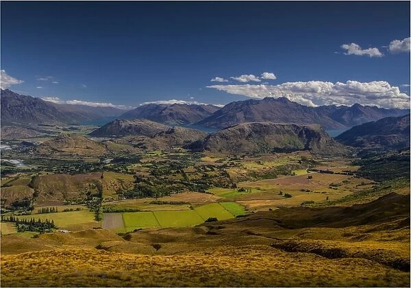 A view across the countryside during the autumn season near Lake Wanaka on the South Island of New Zealand