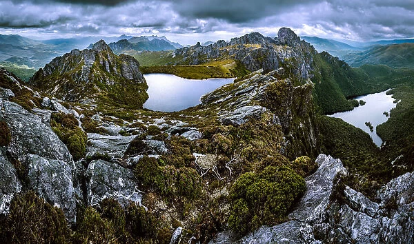 View of Eastern Arthurs Range, Lake Geeves and Hanging Lake from Geeves Bluff in Southwest Tasmania