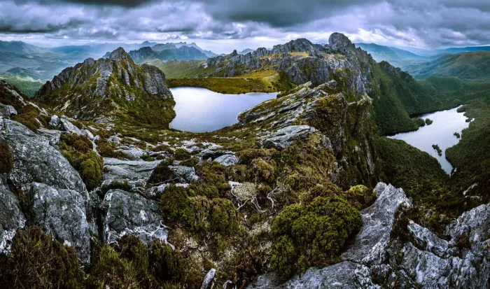 Framed Print : View of Eastern Arthurs Range, Lake Geeves and Hanging Lake from Geeves Bluff in Southwest Tasmania Framed Print : View of Eastern Arthurs Range, Lake Geeves and Hanging Lake from Geeves Bluff in Southwest Tasmania