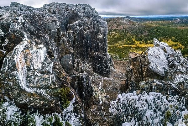 View to the face of Solomons Throne from the top in Walls of Jerusalem National Park, Tasmania