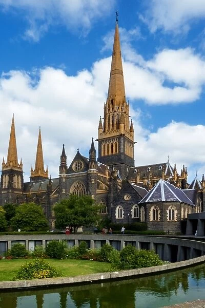 View of the Gothic Revival Central Tower of St Patricks Cathedral, Melbourne, Victoria, Australia