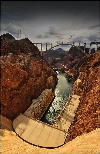 A view of the Hoover Dam and construction of the bypass bridge, Arizona, Western united States of America