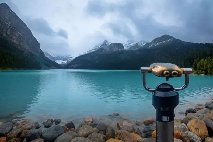 Framed Print : View of Lake Louise with a Telescope in the Foreground, Alberta, Canada Framed Print : View of Lake Louise with a Telescope in the Foreground, Alberta, Canada